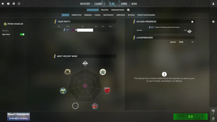 [ID:79954][PRIME][PREMIER MODE AVAILABLE][FACEIT READY][VERY RARE][COMMENDATIONS 3x100] UN (UNRANKED || 0 MM || 26 HOURS)