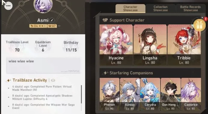 Asia|TL 70|Phainon,The Herta Premium+3 Sign|17 Limited|[Rappa E2,Castorice,Saber]+Sign,Hyacine,Etc|Take Mail|Check SS(HSR6234)
