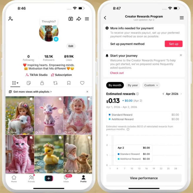 UK Fully Monetized Creator Rewards Program Account – 18K Real Followers & 89K Likes | Instant Earnings, Full Access & Account in Good Standing