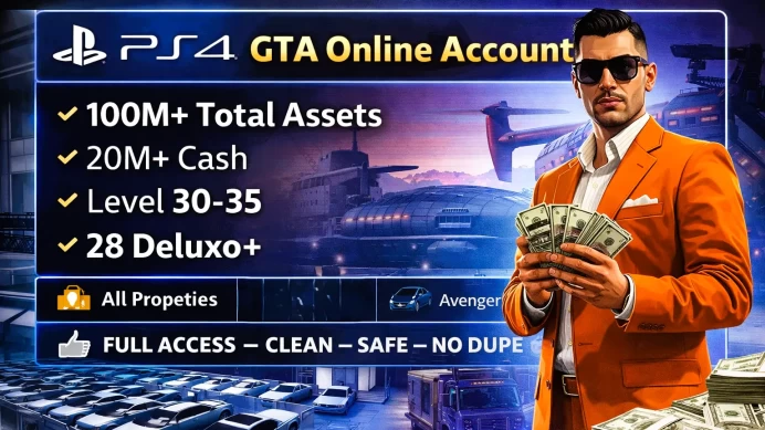 PS4 GTA Online Account – 100M Assets – 20M Cash – Level 30 – All Properties Unlocked – Mansion –  – Avenger – Terrorbyte