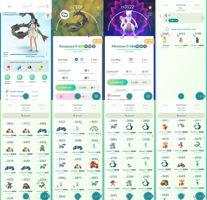 AC1383 -lv 62 Mystic | x16 3000CP | x180 2000CP | x71 Legendary | x3 SHUNDO | x46 shiny | x14 100IV | Shadow Mewtwo | Shiny Rayquaza Articuno He