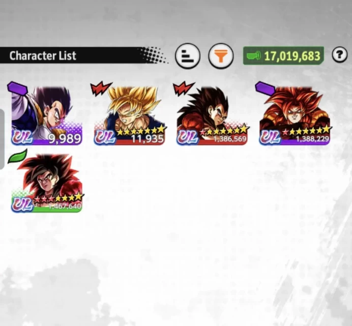 B27-IOS+Android-5 UL(SS4 Goku Red Star+SS4 Vegeta Red Star+SS4 Gogeta Red Star)+LR Super Vegito+19 Legends+Team GT+Equipment+Trunks+Vegeta