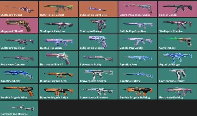 EU - LVL 87 - Unranked - 2 Knives - 31 Skins (~7,500 VP) Shellspire Sword, RGX 11z Pro Vandal, Bubble Pop Light Stick, Gaia's Vengeance Ghost, R