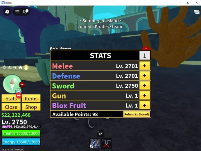 Blox Fruit | Lv 2750 + GodHuman | 22M Beli 26K Frag | 1 Myth WP (Hallow Scythe) 4 Legend Fruit | Human VI | Unverif (RBL910)