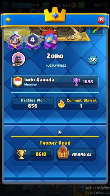 Lv 36|Trophy 8618|KTL 12|LimitSkin|Total Card 121|1 HERO 6EVO 8 Champ 21 Legend 33 Epic 30 Rare |3 Wild Shard|Take Email(CR1672)