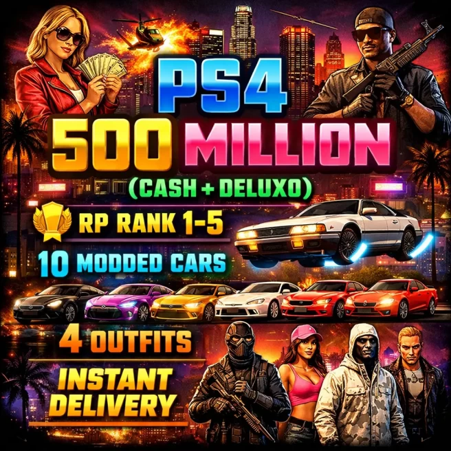 Playstation 4 | 500 Million (Cash + Deluxo) | 10 Modded Cars | 4 Outfits | Rank 1-5 | GTA Modded Account | Instant Delivery #ARXPS388