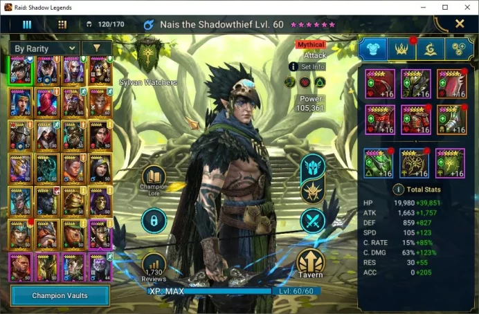 Lv51 683K Power|1 Mythic(Nais the Shadowthief)+22 Legend(Ninja,Alice,Visix,Dknight,Artor,Wukong,Etc)||Plarium|Check SS(RSL1383)