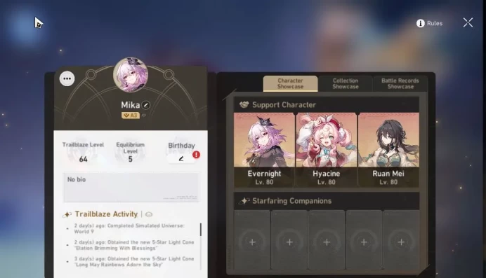 Asia|TL 64|6 Limited|[Evernight,Hyacine]+Sign,Dante,Sparkle,Ruan Mei,Archer|Mc Female|Amphoreus|Take Mail|Check SS(HSR6247)