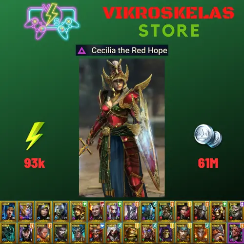 Starter acc with Cecilia : 93k energy / 61 mln coins / Gurgoh, Inithwe, Vlad, Tyrant Ixlimor, Arix, Ninja + 20 Login Legendaries