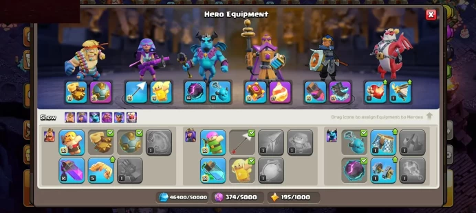3 MAX EQUIPMENT EPIC - SEMI MAX DEFENSES/WALLS - COSMIC SCENERY - 1954 WAR STARS - LOTS OF MAGIC ITEMS HERO SKIN GEMS