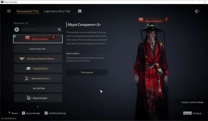 GLOBAL|Lv 83|GS 20K|Crimson Curtain|Title Abyss Conqueror|Inkwell Fan+Vernal Umbrella|Low Explore|Male MC|Netease(WWM953)