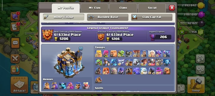 GLOBAL TOP RANK / 97% MAX WALLS / DEFENSE - MAX EQUIPMENT EPIC - MAX HERO - FREE NAME - LOTS OF MAGIC ITEMS - HERO SKIN - WAR STARS GEM