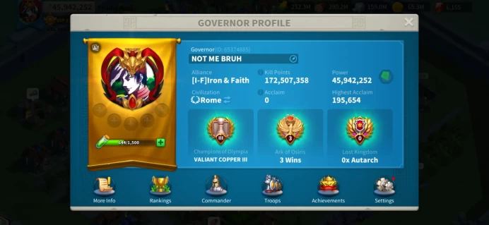 45M Power - 6 Legendary Commanders Max Skills, 91 Gold Heads - VIP 13 - 1M T4 Troops - 776 Days Speedup, 1.3B RSS - 25 Pasports - Free Farm #437