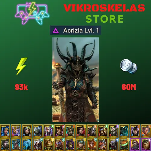 Starter acc with Acrizia : 93k energy / 60 mln coins / Rotos, Drokgul, Harvest Jack, Arix, Ninja + 20 Login Legendaries / Geomancer 3x