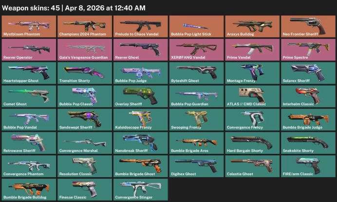 EU / 45 skins / Prelude to Chaos Vandal / Champions 2024 Phantom / Mystbloom Phantom / Prime Vandal / 