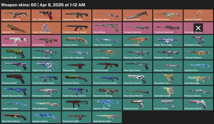 EU / 60 skins / ChronoVoid Vandal / Xenohunter Knife / Shellspire Sword / Velocity Karambit / Prelude to Chaos Vandal / 