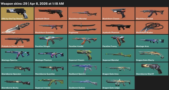 EU / 29 skins / ORA by OneTap Sheriff / Kogitsune / Ayakashi Phantom / Blackthorn Blades / Prelude to Chaos Vandal / 