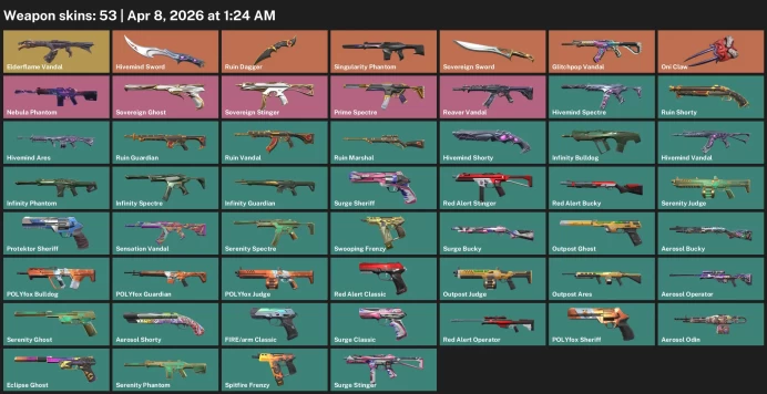 EU / 53 skins / Elderflame Vandal / Hivemind Sword / Oni Claw / Glitchpop Vandal / Singularity Phantom / 