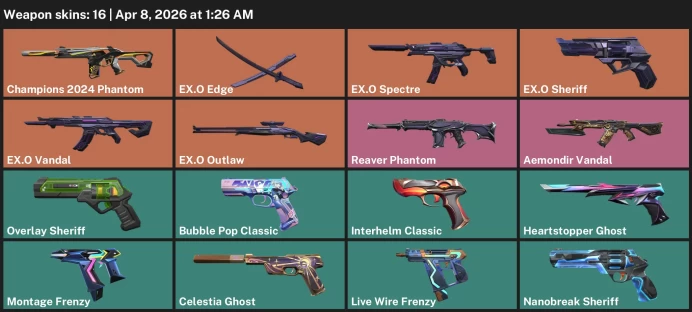 EU / 16 skins / Champions 2024 Phantom / EX.O Edge / EX.O Vandal / Aemondir Vandal / EX.O Sheriff / Reaver Phantom /