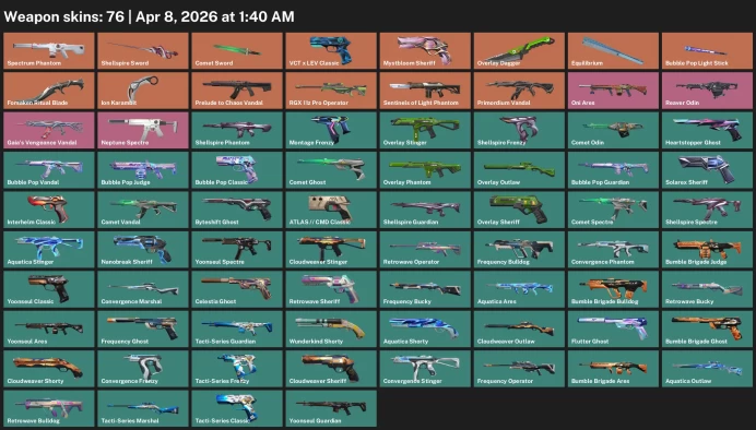 EU / 76 skins / Shellspire Sword / Comet Sword / Prelude to Chaos Vandal / Ion Karambit / Primordium Vandal /