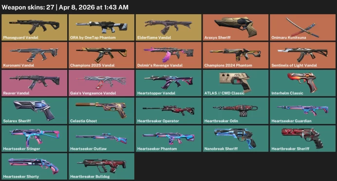 EU / 27 skins / Phaseguard Vandal / Elderflame Vandal / Champions 2025 Vandal / Onimaru Kunitsuna / Champions 2024 Phantom / 