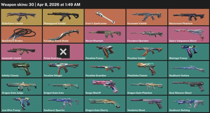 EU / 30 skins / Elderflame Vandal / Phaseguard Vandal / Evori's Spellcaster / Blackthorn Blades / Forsaken Ritual Blade / 