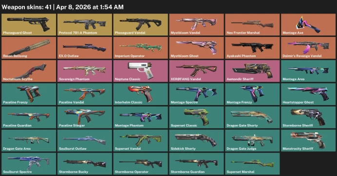 EU / 41 skins / Phaseguard Vandal / Mystbloom Vandal / Montage Axe / Recon Balisong / Dolmir's Revenge Vandal / Nocturnum Scythe / 