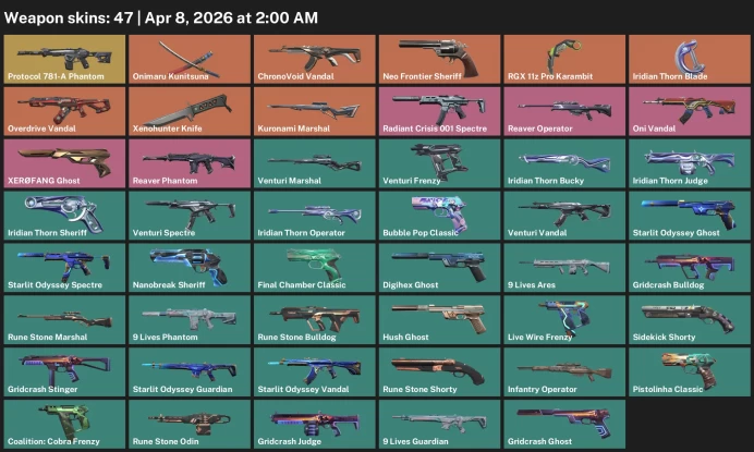 EU / 47 skins / Protocol 781-A Phantom / Onimaru Kunitsuna / ChronoVoid Vandal / RGX 11z Pro Karambit / Overdrive Vandal / Iridian Thorn Blade /