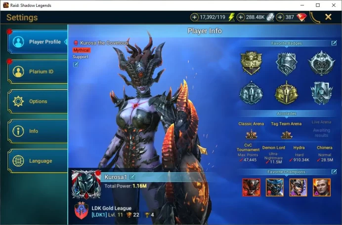 Lv49 1,1M Power|1 Mythic(Kurosa)+28 Legend(Ninja,Xenomorph,Niamhe,Yukimasa,Wukong,Alice,Rathalos,Etc)|17K Energy|Plarium|RSL1395