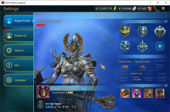 Lv45 1M Power|1 Mythic(Gharol)+23 Legend(Bayek,Teodor,Alice,Rathalos,Ninja,Wukong,Etc)|21K Energy|Plarium|(RSL1396)