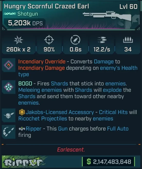 [PEARLESCENT] L60 CRAZED EARL (FIRE CONVERT) - 5,203K DPS - 90% ACCURACY - 12.2/s FIRE RATE - 0.6s RELOAD - JAKOBS RICOCHET - INSANE!