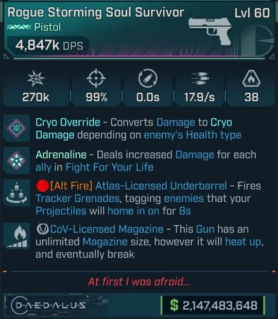 [PEARLESCENT] L60 SOUL SURVIVOR (CRYO CONVERT) - 4,847K DPS - 99% ACCURACY - 17.9/s FIRE RATE - TRACKER GRENADES - COV MAG