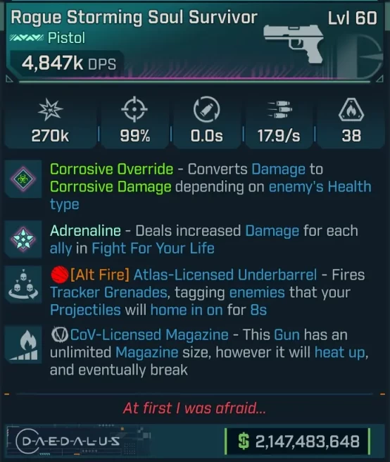 [PEARLESCENT] L60 SOUL SURVIVOR (CORROSIVE CONVERT) - 4,847K DPS - 99% ACCURACY - 17.9/s FIRE RATE - TRACKER GRENADES - COV MAG