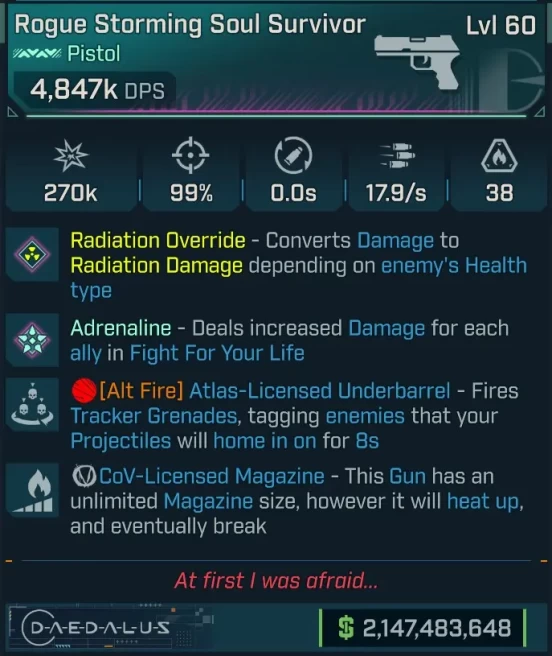 [PEARLESCENT] L60 SOUL SURVIVOR (RADIATION CONVERT) - 4,847K DPS - 99% ACCURACY - 17.9/s FIRE RATE - TRACKER GRENADES - COV MAG