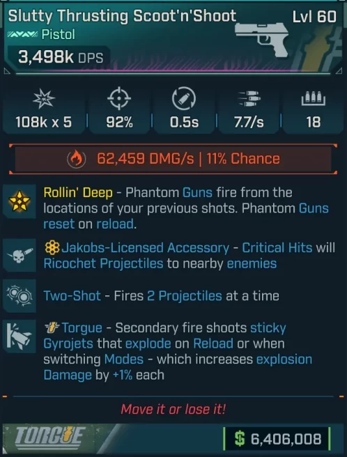 [PEARLESCENT] L60 SCOOT'N'SHOOT (FIRE) - 3,498K DPS - 92% ACCURACY - 7.7/s FIRE RATE - 0.5s RELOAD - 2 PROJECTILES - STICKY GYROJETS