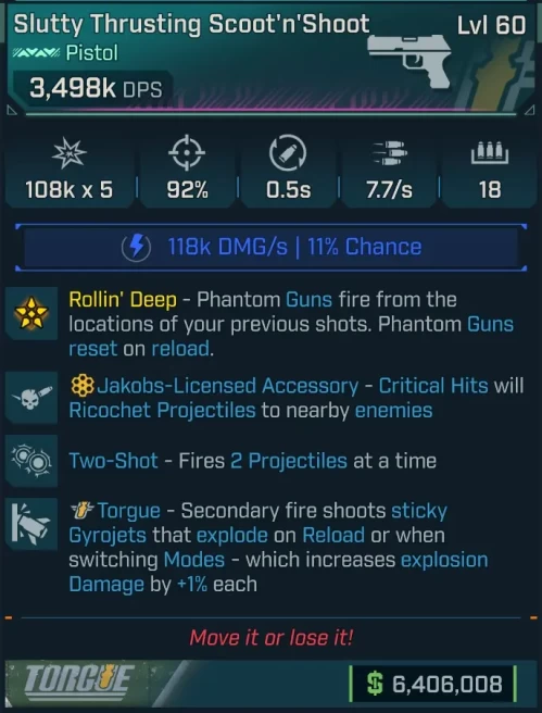 [PEARLESCENT] L60 SCOOT'N'SHOOT (SHOCK) - 3,498K DPS - 92% ACCURACY - 7.7/s FIRE RATE - 0.5s RELOAD - 2 PROJECTILES - STICKY GYROJETS