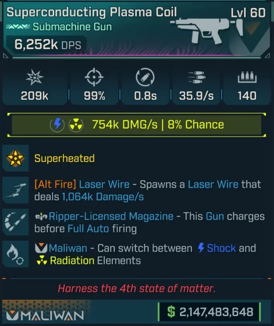 [PEARLESCENT] L60 PLASMA COIL (RAD/SHOCK) - 6,252K DPS - 99% ACC - 35.9/s FIRE RATE - 0.8s RELOAD - LASER WIRE 1,064K DMS - RIPPER INSTA CHARGE