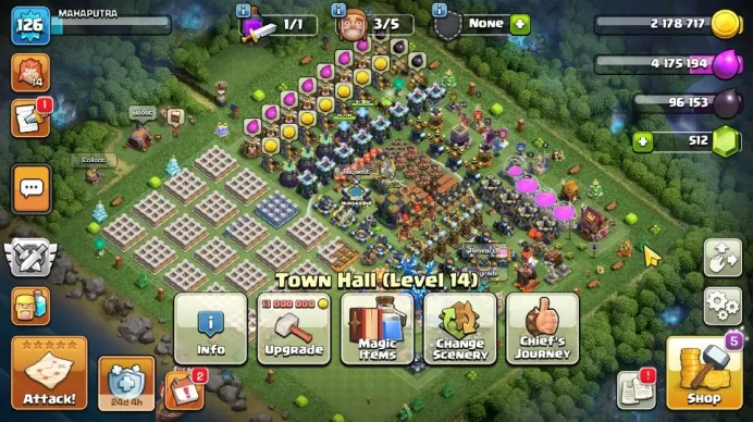 TH 14 - BH 9|LV 126|HH 7|BK 39,AQ 43,GW 24,MP 44,RC 15,DD 0|BM Lv7 BC Lv15|CN ON|Protect OFF|TAKE MAIL(COC2074)