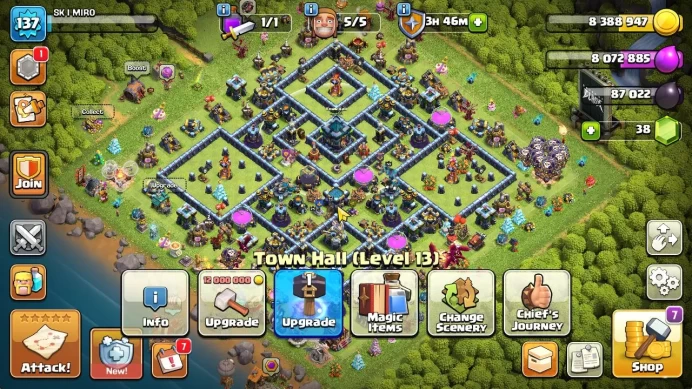 TH 13 - BH 9|LV 137|HH 7|BK 56,AQ 75,GW 43,MP 50,RC 25,DD 0|BM Lv18 BC Lv15|CN OFF|Protect OFF|TAKE MAIL(COC2076)