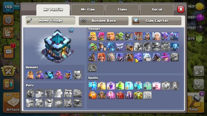 TH 13 - BH 9|LV 148|HH 7|BK 66,AQ 70,GW 41,MP 40,RC 20,DD 0|BM Lv22 BC Lv21+1K GEMS|CN OFF|Protect ON|TAKE MAIL(COC2079)