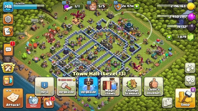 TH 13 - BH 9|LV 148|HH 7|BK 66,AQ 70,GW 41,MP 40,RC 20,DD 0|BM Lv22 BC Lv21+1K GEMS|CN OFF|Protect ON|TAKE MAIL(COC2079)