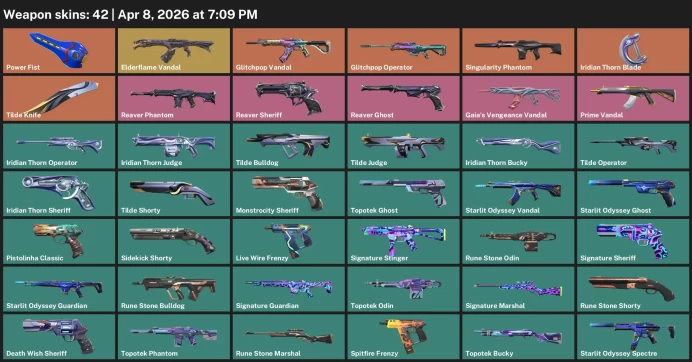 EU / 42 skins / Elderflame Vandal / Glitchpop Vandal / Tilde Knife / Iridian Thorn Blade / Power Fist /