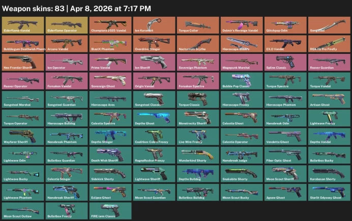 EU / 83 skins / Elderflame Vandal / Champions 2025 Vandal / Ion Karambit / Torque Coiler / Dolmir's Revenge Vandal /