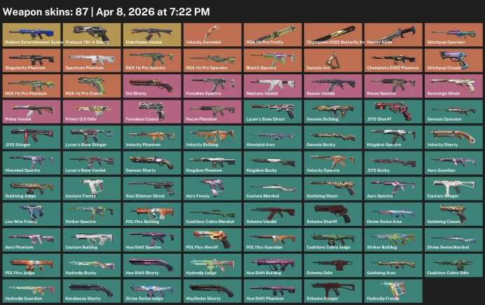 EU / 87 skins / Elderflame Vandal / Velocity Karambit / RGX 11z Pro Firefly / Champions 2022 Butterfly Knife / Reaver Knife