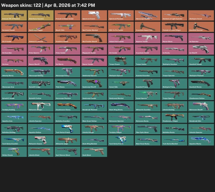 EU / 122 skins / Prelude to Chaos Vandal / Shellspire Sword / Kuronami Vandal / RGX 11z Pro Vandal / Guardrail Hammer /