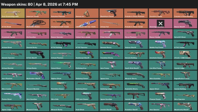 EU / 80 skins / Imperium Vandal / Genesis Arc / Overdrive Vandal / Champions 2025 Vandal / Blackthorn Blades / K/TAC Blade /