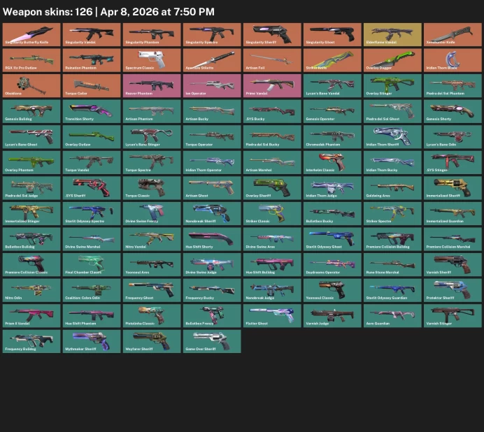 EU / 126 skins / Singularity Butterfly Knife / Singularity Vandal / Elderflame Vandal / Xenohunter Knife / Overlay Dagger / 