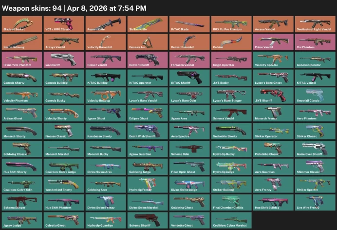 EU / 94 skins / Blade of Serket / K/TAC Blade / RGX 11z Pro Phantom / Sentinels of Light Vandal / Reaver Karambit / Striker Knife / 
