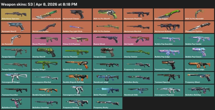 EU / 53 skins / Overlay Dagger / RGX 11z Pro Karambit / Overlay Dagger / Elderflame Operator / Nocturnum Phantom / Oni Vandal /