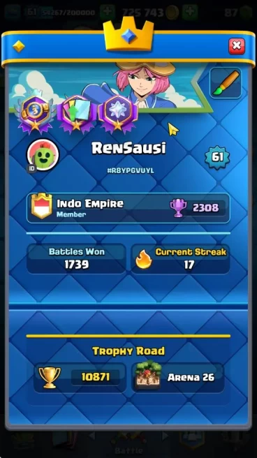 Lv 61|Trophy 10871|KTL 15|Limit Skin|Total Card 121& 4Max LV|3 Hero 12 EVO 8 Champ 21 Legend 33 Epic|2 WildShard|TakeMail|CR1682